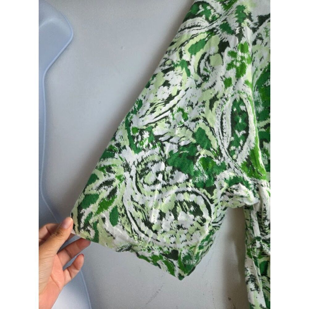 Zara Green White Black Print Linen Blend Bubble Sleeve Tie Front Kimono sz Large - Picture 5 of 8